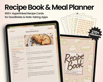 Digital Recipe Book and Meal Planner, Undated hyperlinked meal planner for goodnotes and other apps, macros and nutrition tracker, groceries