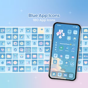 Könnte beinhalten: Ein Smartphone, das ein benutzerdefiniertes blaues App-Icon-Design mit 180 Icons zeigt. Der Bildschirm des Telefons zeigt ein Raster aus blauen und weißen App-Icons, mit dem Text "Blue App Icons" und "180 App Icons" oben.