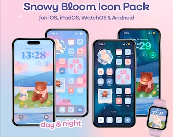 Snowy Bloom Icon Pack, Winter to Spring Theme, Day and Night, Bear and Bunny, iOS Phone, iPad, Tablet Theme, Android, Wallpaper