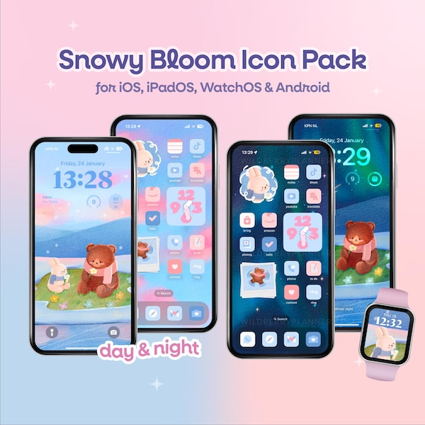 Pack d'icônes Fleurs enneigées, thème hiver au printemps, jour et nuit, ours et lapin, téléphone iOS, iPad, thème pour tablette, Android, papier peint