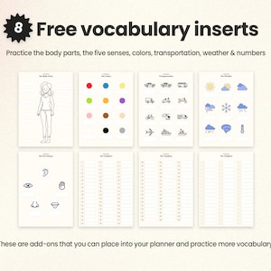 May include: Eight printable vocabulary inserts for practicing body parts, the five senses, colors, transportation, weather, and numbers. Each insert features a simple illustration and blank lines for writing.