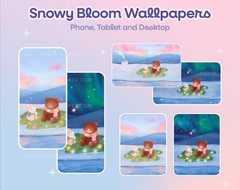 Fondos de pantalla de Snowy Bloom, día y noche, oso y conejito acogedores, teléfono, iPad, tableta, escritorio, Android, fondo de pantalla, rosa y azul