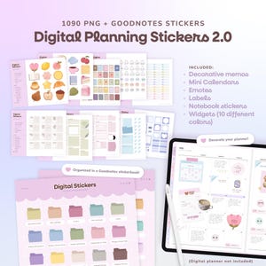 以下が含まれることがあります： デジタルプランニングステッカー2.0。装飾メモ、ミニカレンダー、絵文字、ラベル、ノートステッカー、10色のウィジェットが含まれています。画像には、カラフルなアイコンとデジタルプランナーインターフェースを備えたステッカーシートが表示されています。テキストには「Digital Stickers」と「Decorate your planner!」が含まれています。