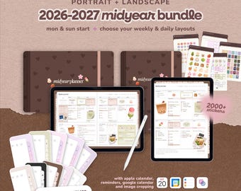 2026-2027 Midyear plannerbundel ~ landschap en portret, wekelijkse en dagelijkse planning, stickerswidgets, kalenderintegratie, Goodnotes