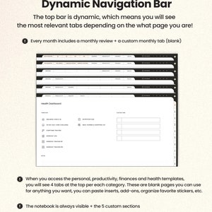 Op de afbeelding: Een screenshot van een digitale planner-app met een dynamische navigatiebalk. De app heeft tabbladen voor persoonlijk, productiviteit, financi&euml;n en gezondheid. De tekst "Dynamic Navigation Bar" staat bovenaan het scherm. De tekst "Every month includes a monthly review + a custom monthly tab (blank)" staat onder de navigatiebalk. De tekst "Health Dashboard" staat bovenaan het tabblad gezondheid. Het tabblad gezondheid bevat sjablonen voor verzekeringscontrole, 30-daagse zelfzorg-uitdaging, symptoomtracker, trainingslogboek, trainingstracker 1, trainingstracker 2, voedingsplan, maaltijdplanning en boodschappenlijst, en aangepaste tabbladen.