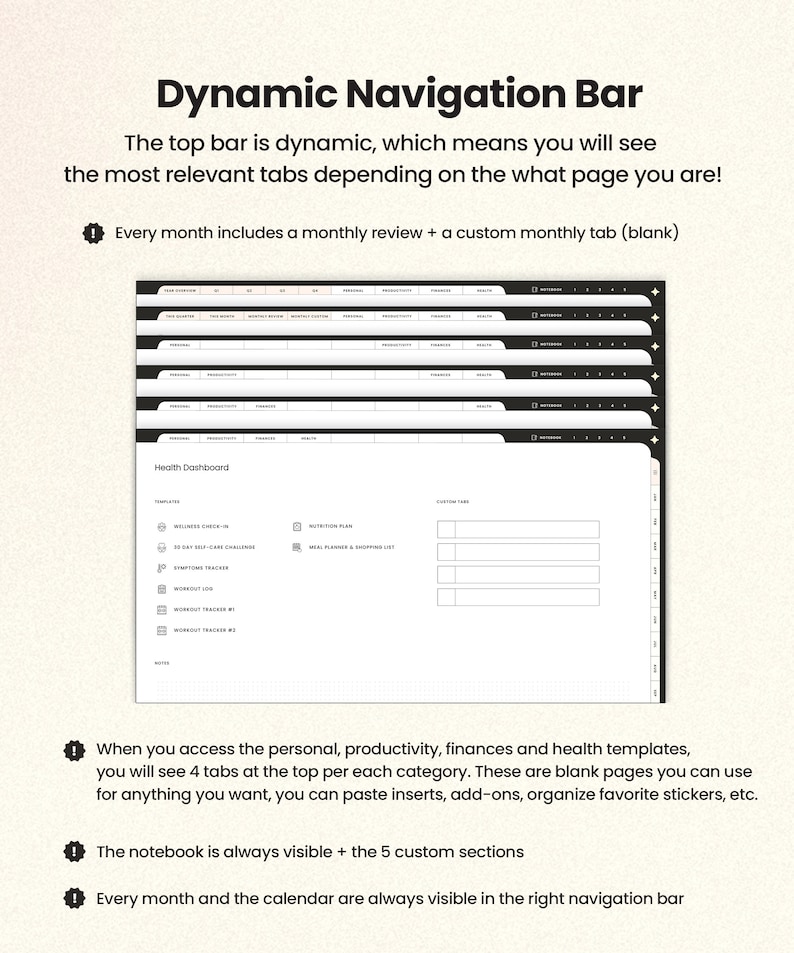 Op de afbeelding: Een screenshot van een digitale planner-app met een dynamische navigatiebalk. De app heeft tabbladen voor persoonlijk, productiviteit, financi&euml;n en gezondheid. De tekst "Dynamic Navigation Bar" staat bovenaan het scherm. De tekst "Every month includes a monthly review + a custom monthly tab (blank)" staat onder de navigatiebalk. De tekst "Health Dashboard" staat bovenaan het tabblad gezondheid. Het tabblad gezondheid bevat sjablonen voor verzekeringscontrole, 30-daagse zelfzorg-uitdaging, symptoomtracker, trainingslogboek, trainingstracker 1, trainingstracker 2, voedingsplan, maaltijdplanning en boodschappenlijst, en aangepaste tabbladen.