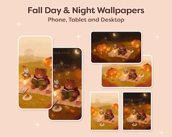 Fall Wallpapers, Day and Night, Cozy Bear, Phone, iPad, Tablet, Desktop, Android, Wallpaper, Cute Autumn Wallpaper, Brown, Beige, Green