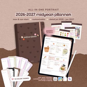 May include: A 2026-2027 midyear planner with a dark brown heart-patterned cover, a tablet displaying a weekly overview, a digital stylus, and various sticker sheets. The planner features text reading ALL-IN-ONE PORTRAIT 2026-2027 midyear planner.