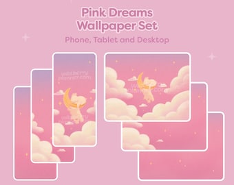 Fondos de pantalla Pink Dreams para teléfono, iPad, tableta y ordenador. Lindos fondos de pantalla de conejitos dibujados a mano.