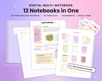 Digital Multi Notebook for Students, 12 Notebooks in One, College, Academic Notebook, Assignment tracker, Pastel, Rainbow, Hyperlinked