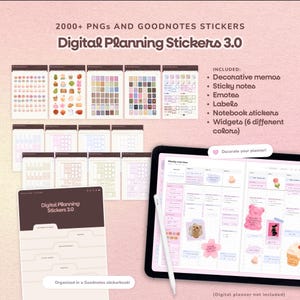 Peut inclure: Pack d'autocollants de planification numérique 3.0, comprenant des mémos décoratifs, des notes autocollantes, des émoticônes, des étiquettes, des autocollants pour carnets et des widgets en six couleurs. L'image montre une tablette avec un planificateur numérique et un stylet.