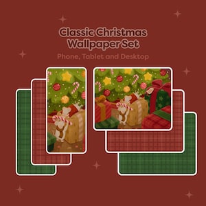 May include: A festive graphic for a Classic Christmas Wallpaper Set. The image shows a Christmas tree, gifts, and cartoon mice. The text on the image reads "Classic Christmas Wallpaper Set" and "Phone, Tablet and Desktop". The background is maroon.