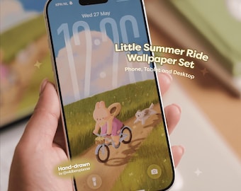 Little Summer Ride-achtergronden voor telefoon, iPad, tablet en desktop. Leuke handgetekende achtergronden van konijnen en katten