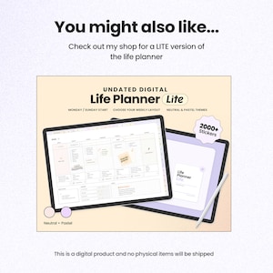 Op de afbeelding: Een digitale levensplanner met een neutraal en pastelkleurig kleurenschema. De planner wordt weergegeven op een tabletscherm met een potlood ernaast. De planner bevat meer dan 2000 stickers en heeft een wekelijkse lay-out. De tekst "UNDATED DIGITAL Life Planner Lite" wordt bovenaan de afbeelding weergegeven.