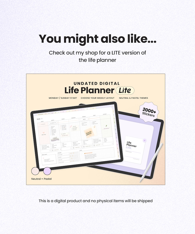 Op de afbeelding: Een digitale levensplanner met een neutraal en pastelkleurig kleurenschema. De planner wordt weergegeven op een tabletscherm met een potlood ernaast. De planner bevat meer dan 2000 stickers en heeft een wekelijkse lay-out. De tekst "UNDATED DIGITAL Life Planner Lite" wordt bovenaan de afbeelding weergegeven.