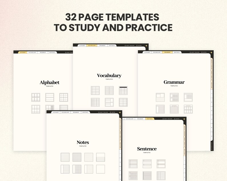 May include: A set of 32 printable page templates for studying and practicing alphabet, vocabulary, grammar, notes, and sentences. The templates are black and white with a simple design.