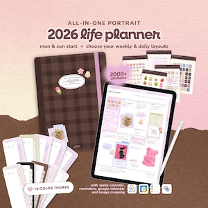 Puede incluir: Un planificador de vida 2026 marrón con un patrón de cuadros, mostrado con una tableta que muestra diseños semanales y pegatinas. La imagen incluye el texto "ALL-IN-ONE PORTRAIT" y "2000+ stickers". Incluye 10 temas de color.