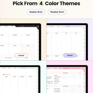 Op de afbeelding: Vier verschillende kleurenthema's voor een digitale planner-app. De thema's zijn Klassiek, Pastel, Mint en Roze. Elk thema heeft een ander kleurenschema en lay-out. De app heeft een weekplanner, een maandplanner en een notitiegedeelte. De app bevat ook aangepaste tabbladen voor het bijhouden van routines, abonnementen, leeslijsten en meer.