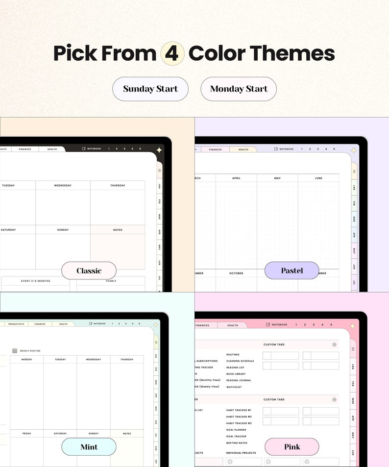 Op de afbeelding: Vier verschillende kleurenthema's voor een digitale planner-app. De thema's zijn Klassiek, Pastel, Mint en Roze. Elk thema heeft een ander kleurenschema en lay-out. De app heeft een weekplanner, een maandplanner en een notitiegedeelte. De app bevat ook aangepaste tabbladen voor het bijhouden van routines, abonnementen, leeslijsten en meer.