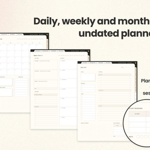 May include: A planner with a monthly, weekly, and daily layout. The planner is undated and has a section for study sessions with start and end times.