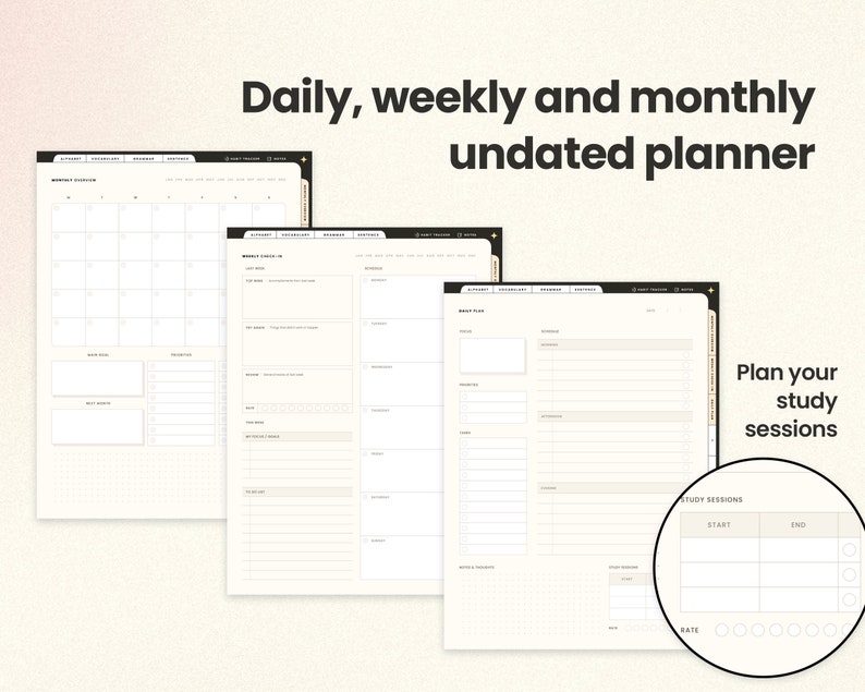 May include: A planner with a monthly, weekly, and daily layout. The planner is undated and has a section for study sessions with start and end times.