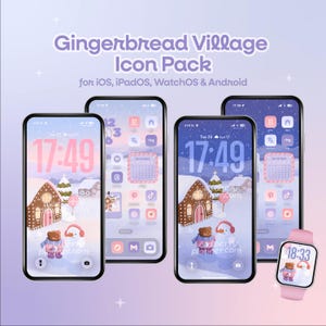May include: A digital icon pack with a gingerbread village theme, displayed on smartphones and a smartwatch. The screens feature a winter scene with gingerbread houses, snowmen, and a calendar. The text "Gingerbread Village Icon Pack" is at the top.