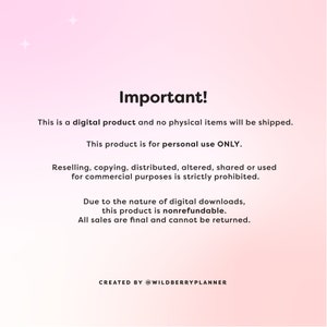 K&ouml;nnte beinhalten: Wichtig! Dies ist ein digitales Produkt und es werden keine physischen Artikel versandt. Dieses Produkt ist nur f&uuml;r den pers&ouml;nlichen Gebrauch bestimmt. Weiterverkauf, Kopieren, Verteilen, Ver&auml;ndern, Teilen oder Verwenden f&uuml;r kommerzielle Zwecke ist strengstens untersagt. Aufgrund der Natur digitaler Downloads ist dieses Produkt nicht erstattungsf&auml;hig. Alle Verk&auml;ufe sind endg&uuml;ltig und k&ouml;nnen nicht zur&uuml;ckgegeben werden. ERSTELLT VON @WILDBERRYPLANNER