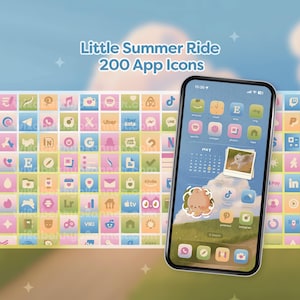 Peut inclure: Un smartphone affichant un écran d'accueil personnalisé avec des icônes d'applications aux couleurs pastel. L'écran montre un calendrier, des photos et diverses icônes d'applications. Le fond présente une grille de 200 icônes d'applications avec le texte "Little Summer Ride".
