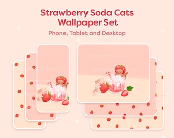 Fondos de pantalla de gatos con refresco de fresa, teléfono, iPad, tableta, escritorio, Android, fondo de pantalla, lindo fondo de pantalla rosa