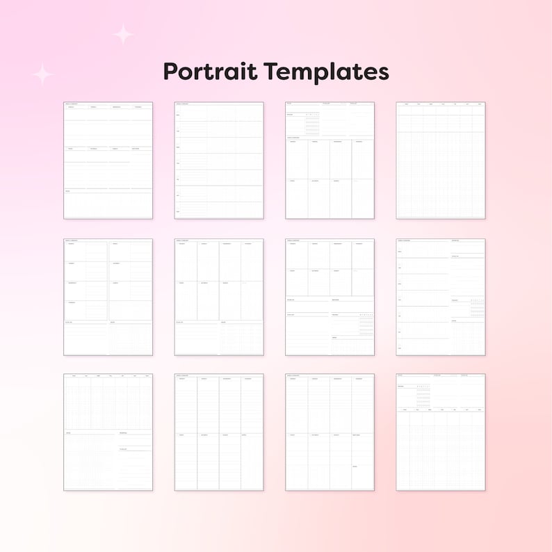 K&ouml;nnte beinhalten: Zw&ouml;lf portraitformatige, druckbare Planer-Vorlagen mit verschiedenen Layouts und Raster-Stilen. Die Vorlagen sind leer und k&ouml;nnen individuell angepasst werden.