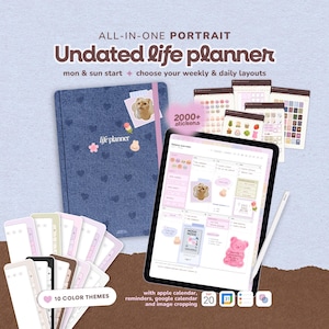 Puede incluir: Un planificador de vida sin fecha con una cubierta de mezclilla, pegatinas y una tableta digital que muestra diseños semanales y diarios. El planificador incluye 10 temas de color y cuenta con integración de calendario de Apple, recordatorios y recorte de imágenes.