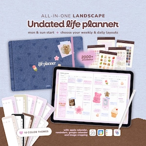 May include: An undated life planner with a denim-effect cover, featuring the text "life planner." The image showcases a tablet displaying weekly and daily layouts, along with stickers and the text "2000+ stickers." Additional text includes "10 COLOR THEMES."