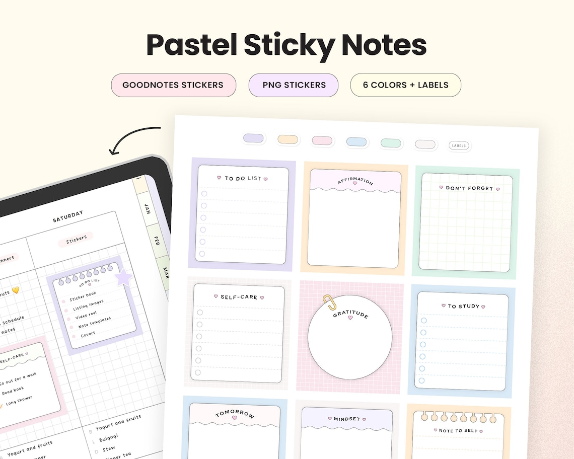 Digital Planner Sticky Notes Pastel Stickers Cute Stickers - Etsy