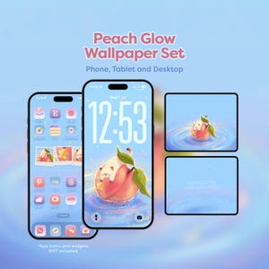 Pode incluir: Um conjunto de papéis de parede digitais intitulado Peach Glow Wallpaper Set para telemóvel, tablet e computador. O design apresenta um fundo azul claro com uma ilustração de um pêssego com um pequeno gato, rodeado por ondas e brilhos.