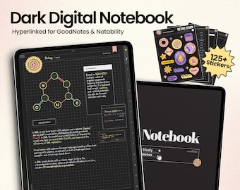 Cuaderno digital en modo oscuro, diario estudiantil con hipervínculos para Goodnotes y aplicaciones para tomar notas con plantillas de páginas de tema oscuro, calcomanías para estudiantes.