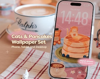 Achtergronden katten en pannenkoeken voor telefoon, iPad, tablet en desktop. Leuke handgetekende achtergronden voor gezellig ontbijt