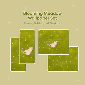 May include: A digital wallpaper set labelled "Blooming Meadow" for phone, tablet, and desktop. The design shows a green meadow with small purple flowers and a light-coloured animal. The website address "wildberryplanner.com" is also visible.