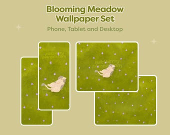 Fondos de pantalla de Prado Floreciente para teléfono, iPad, tableta y computadora. Lindos fondos de pantalla de gatos dibujados a mano.