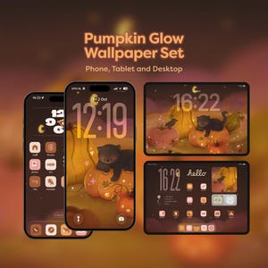 Pumpkin Glow Wallpapers for Phone, iPad, Tablet, Desktop. Hand-drawn Black Cat Fall Autumn Halloween Wallpaper