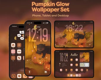 Pompoen gloed achtergronden voor telefoon, iPad, tablet en desktop. Handgetekende zwarte kat herfst Halloween achtergrond