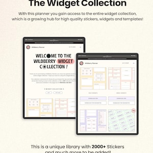 Op de afbeelding: Een digitaal plannerscherm met een verzameling stickers, widgets en sjablonen. De tekst op het scherm luidt "Welkom bij de Wildberry Widget Collection!" en "Dit is een unieke bibliotheek met meer dan 2000 stickers en er worden er nog veel meer toegevoegd!"