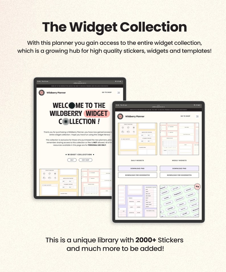 Op de afbeelding: Een digitaal plannerscherm met een verzameling stickers, widgets en sjablonen. De tekst op het scherm luidt "Welkom bij de Wildberry Widget Collection!" en "Dit is een unieke bibliotheek met meer dan 2000 stickers en er worden er nog veel meer toegevoegd!"