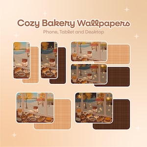 Può includere: Grafica digitale con "Cozy Bakery Wallpapers" per telefono, tablet e desktop. L'immagine mostra scene di panetteria con un personaggio orso, pasticcini e colori autunnali. Include vari layout di sfondi.
