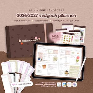Peut inclure: Un agenda semestriel 2026-2027 paysage avec une couverture marron foncé à motifs de cœurs, affiché sur une tablette montrant un aperçu hebdomadaire. Inclut plus de 2000 autocollants numériques, 10 thèmes de couleurs et les calendriers Apple et Google.