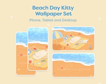 Fondos de pantalla de gatitos en la playa, teléfono, iPad, tableta, escritorio, Android, fondo de pantalla, lindo fondo de pantalla amarillo y azul