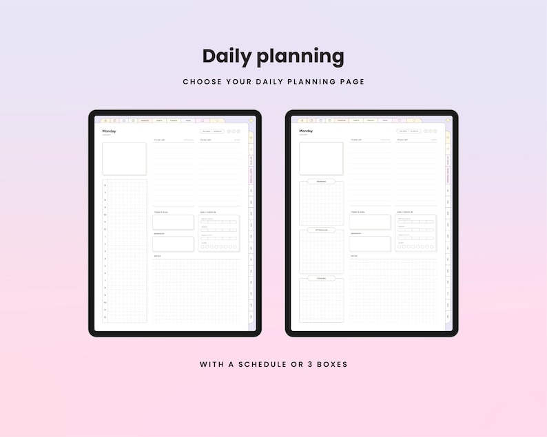 Pu&ograve; includere: Due pagine di planner digitale per la pianificazione giornaliera. La pagina sinistra ha un programma con slot orari e una griglia per appunti. La pagina destra ha una griglia per appunti e tre caselle per compiti o liste. Entrambe le pagine hanno la parola "Luned&igrave;" in alto.