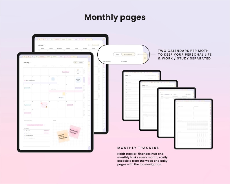 Pu&ograve; includere: Due pagine di calendario digitali con uno schema di colori rosa e blu. Le pagine del calendario sono progettate per separare la vita personale dal lavoro o dallo studio. L'immagine mostra anche un tracker delle abitudini, un hub finanziario e pagine di attivit&agrave; mensili.