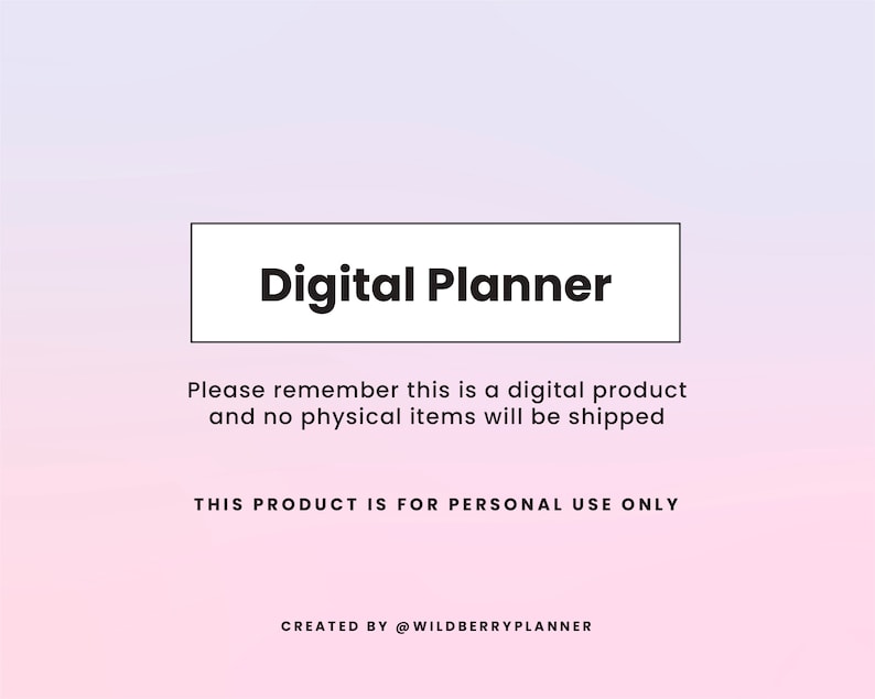 Pu&ograve; includere: Un annuncio di prodotto di planner digitale con il testo "Digital Planner" in un rettangolo nero. Il testo sotto il rettangolo dice "Ricorda che questo &egrave; un prodotto digitale e non saranno spediti articoli fisici. QUESTO PRODOTTO &Egrave; SOLO PER USO PERSONALE. CREATO DA @WILDBERRYPLANNER".