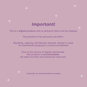 May include: A digital product notice on a light purple background with white star accents. The text "Important!" is in purple. The notice states the product is digital, for personal use only, and nonrefundable. It also prohibits commercial use.