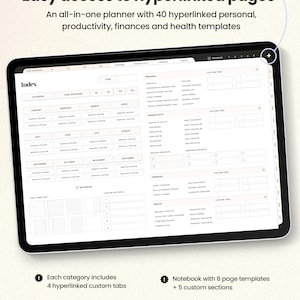 Op de afbeelding: Een digitale planner-app-interface met een kalender, een jaaroverzicht en aangepaste tabbladen voor persoonlijke, productiviteit, financi&euml;n en gezondheid. De app biedt 40 hyperlinks naar sjablonen, 8 hyperlinks naar projecten en 5 aangepaste secties.